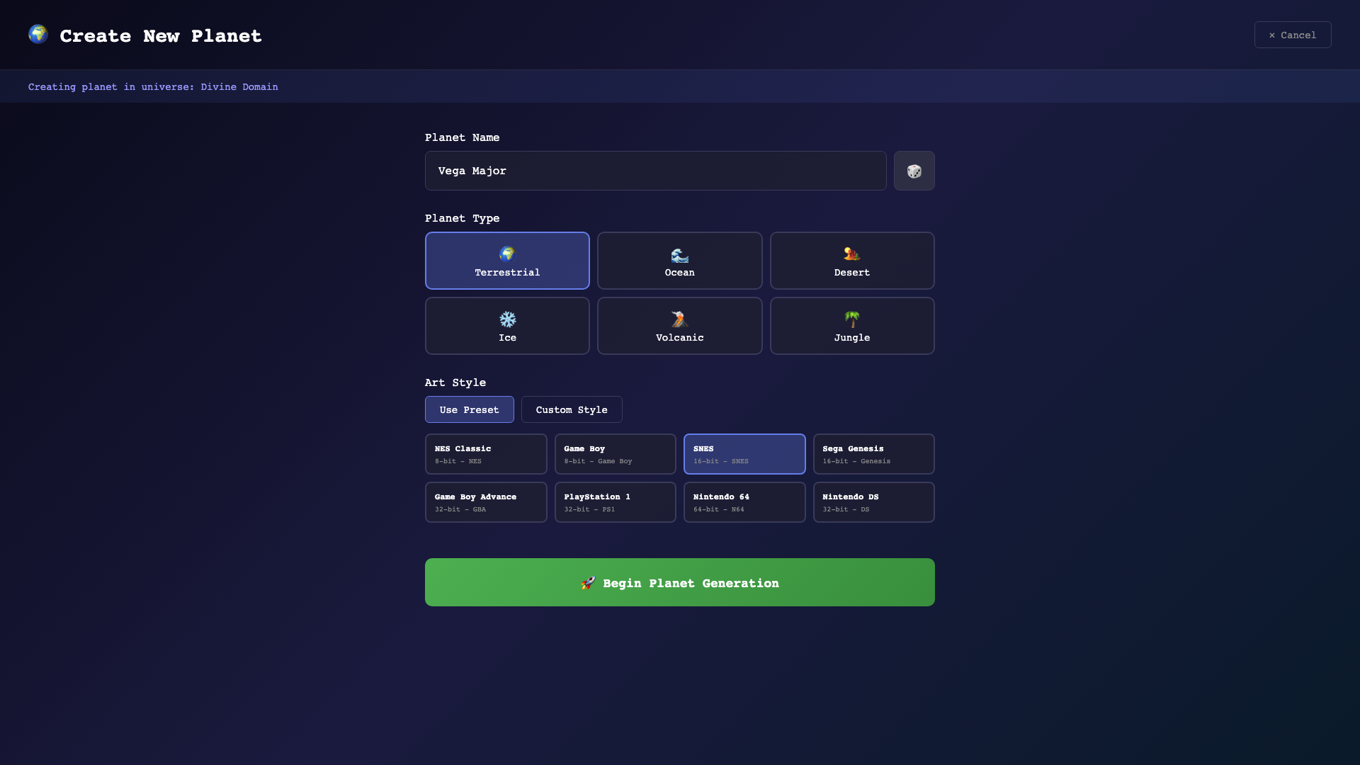 Planet creation — choose type and art style