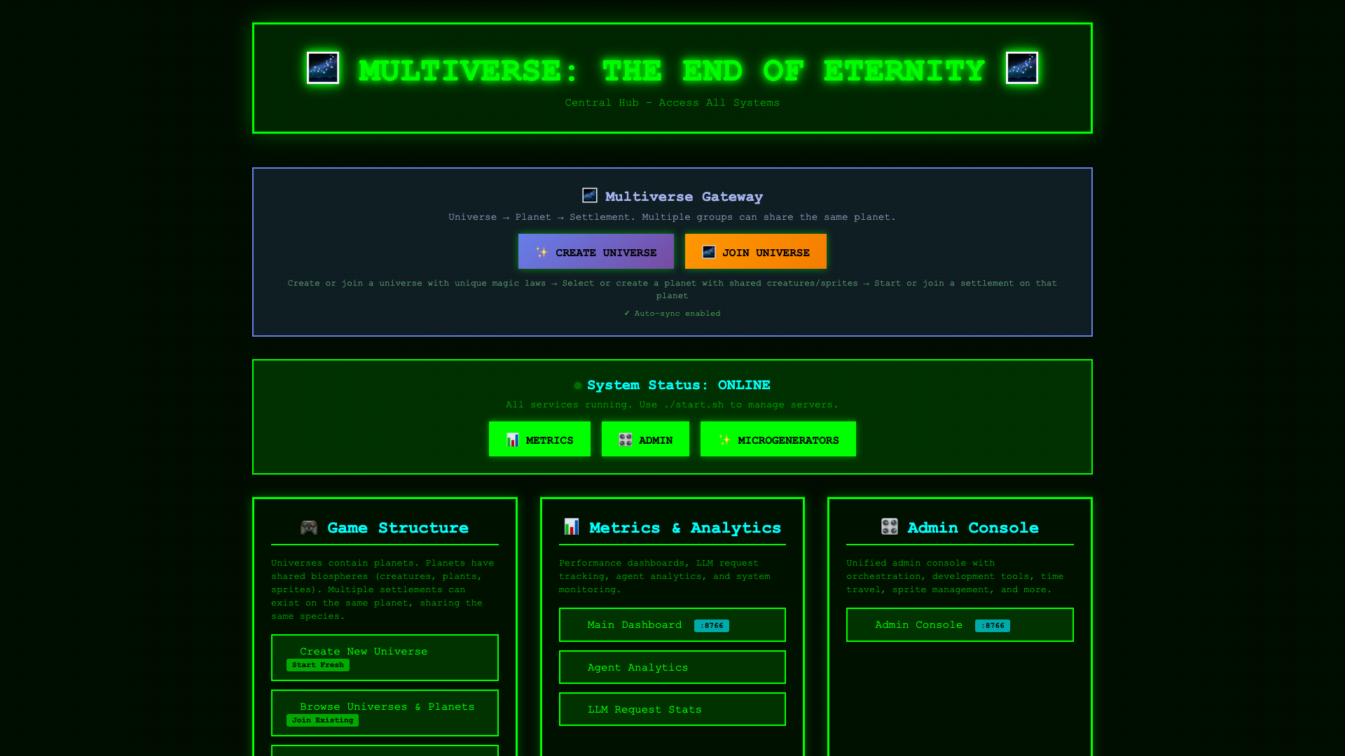 Multiverse: The End of Eternity — Central hub with universe creation, admin console, and system status