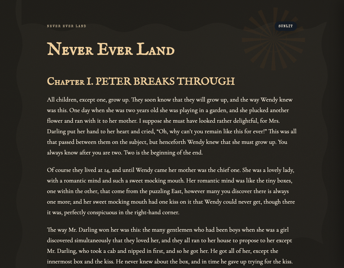 Never Ever Land — moonlit dark reading mode
